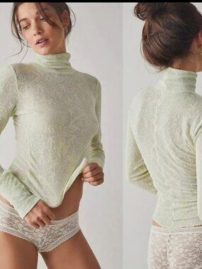 FREE PEOPLE INTIMATELY SEMI SHEER YOU AND I TURTLENECK LONG SLEEVE CITRON LIME